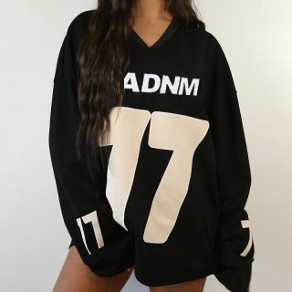 Women's Streetwear Oversized V-Neck Sweatshirt Casual Athletic Letter Number Print Long Sleeve Pullover Autumn Fashion Loose Top