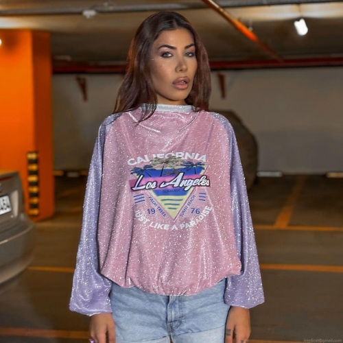 Women's California Los Angeles Letter Print Patchwork Glistering Sweatshirt Long Sleeve Crew Neck Slim Fit Pullover Streetwear Top