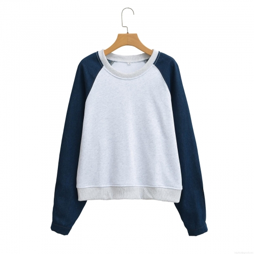 Women's Patchwork Raglan Long Sleeve Sweatshirt Casual Denim Contrast Knitted Pullover Crew Neck Streetwear Top For Spring Autumn
