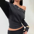 Women Sexy Off-Shoulder Sweatshirt Slim Fit Long Sleeve Top Metal Eyelets Ribbed Waist Pullover Streetwear For Women