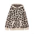 Women's Oversized Leopard Print Knit Hoodie Polyester Long Sleeve Kangaroo Pocket Pullover Sweater Streetwear Casual Autumn Winter Tops