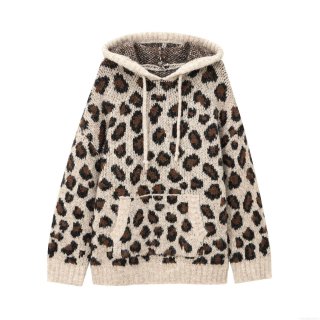 Women's Oversized Leopard Print Knit Hoodie Polyester Long Sleeve Kangaroo Pocket Pullover Sweater Streetwear Casual Autumn Winter Tops