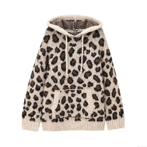 Women's Oversized Leopard Print Knit Hoodie Polyester Long Sleeve Kangaroo Pocket Pullover Sweater Streetwear Casual Autumn Winter Tops