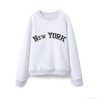 Women's Vintage New York Letter Print Crew Neck Sweatshirt Casual Cotton Blend Long Sleeve Fleece Pullover Collegiate Style Streetwear Top