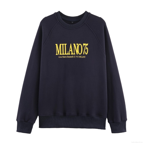 Milano 75 Letter Printed Women's Casual Sweatshirt Round Neck Long Raglan Sleeve Pullover Cotton Blend Oversized Fashion Streetwear Tops