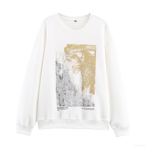 Women's Round Neck Sweatshirt 85% Cotton Abstract Metallic Print Long Sleeve Pullover Casual Streetwear Montmartre 1974 Design Top