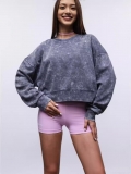 Women's American High Street Washed Distressed Crewneck Sweatshirt Cotton Spandex Long Sleeve Cropped Pullover Loose Fit Retro Acid Wash Autumn Winter Top
