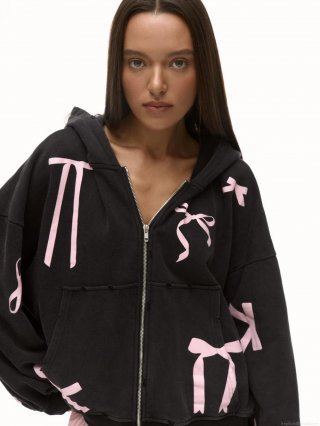 Women's Loose Hooded Zip-up Hoodie Cotton Blend Pink Bow Graphic Sweatshirt Long Sleeve Oversized Jacket Spring Autumn Casual Sweet Streetwear
