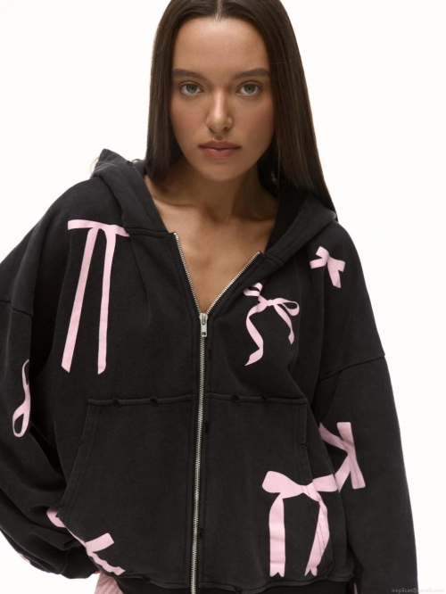 Women's Loose Hooded Zip-up Hoodie Cotton Blend Pink Bow Graphic Sweatshirt Long Sleeve Oversized Jacket Spring Autumn Casual Sweet Streetwear