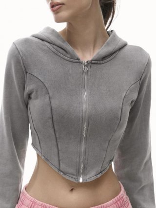 Women's Sexy Slim Fit Fishbone Short Hoodie Y2K Distressed Zipper Hooded Sweatshirt Cropped Long Sleeve Streetwear Spicy Girl Top Cotton Blend Grey
