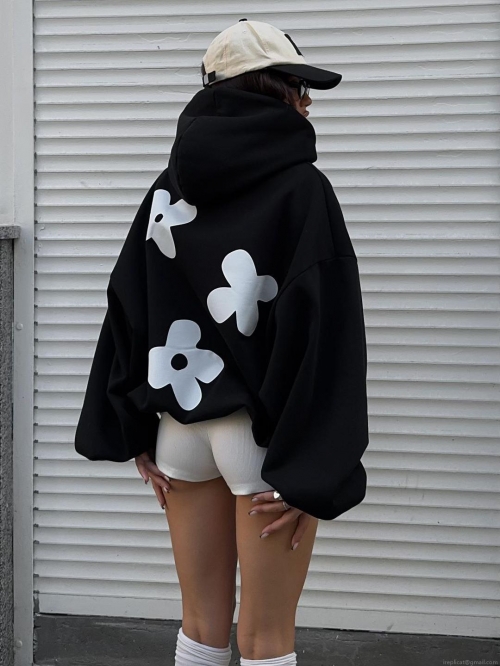 Women's Oversized Full Zip Hoodie Cotton Flower Print Streetwear Sweatshirt Autumn Loose Hooded Jacket Casual Long Sleeve Outerwear Top