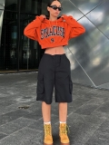 Women American Street Style Letter Print Hooded Sweatshirt Cropped Loose Casual Long Sleeve Sporty Hoodie Cotton Blend Pullover Autumn Streetwear