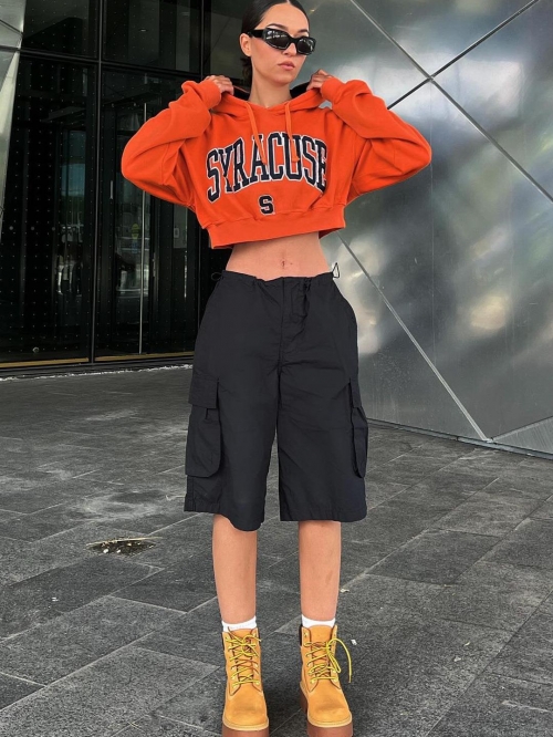 Women American Street Style Letter Print Hooded Sweatshirt Cropped Loose Casual Long Sleeve Sporty Hoodie Cotton Blend Pullover Autumn Streetwear