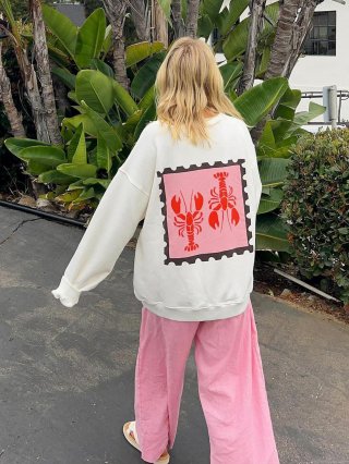 Women's Oversized Cotton Sweatshirt Red Lobster Stamp Print Long Sleeve Crew Neck Casual High Street Pullover Fashion Top for Vacation