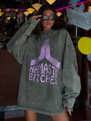 Women's Acid Wash Oversized Sweatshirt American Vintage Print Cotton Long Sleeve Pullover Namaste Bitches Streetwear Autumn Loose Top