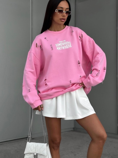 Women's Loose Distressed Pullover Sweatshirt Slogan Letter Print Cotton Blend Round Neck Long Sleeve Streetwear Top Autumn Fashion Casual Women Outfit