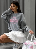 Women's Streetwear Grey Cotton Sweatshirt Pink Letter Print Pullover Loose Fit Long Sleeve Top For Fall Daily Fashion