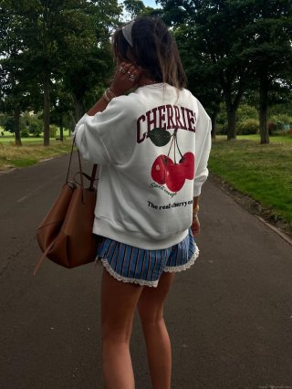 Women's Casual Cotton Round Neck Long Sleeve Sweatshirt With Cherry Letter Print Fashion Loose Pullover Top Autumn Streetwear Apparel
