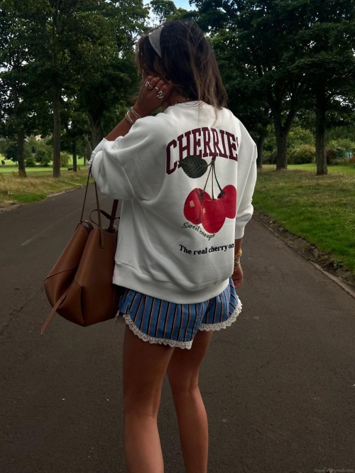 Women's Casual Cotton Round Neck Long Sleeve Sweatshirt With Cherry Letter Print Fashion Loose Pullover Top Autumn Streetwear Apparel