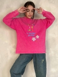 Women's Washed Oversized Sweatshirt Vintage Round Neck Long Sleeve Cotton Blend Pullover With Cyrillic Letter Flower Print Streetwear Top Magenta
