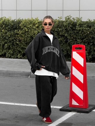 Women's Oversize Half-Zipper Sweatshirt Cotton Letter Embroidery Long Sleeve Pullover American Street Style Retro Lapel Jumper Autumn Winter Casual Loose Top