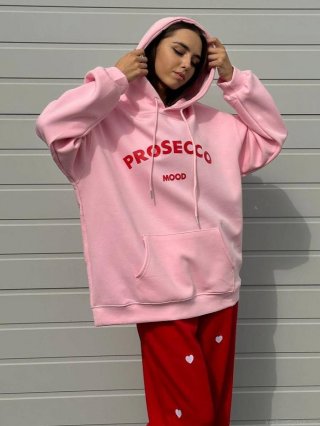 Women's Pink Prosecco Mood Letter Printed Hoodie Loose Fit Cotton Blend Long Sleeve Hooded Sweatshirt For Casual Streetwear Autumn Winter