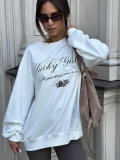 Lucky Girl Letter Printed White Sweatshirt Cotton Round Neck Long Sleeve Pullover American Streetwear Loose Fit Casual Autumn Top For Women