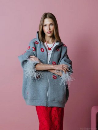 Women's Oversized Zip Up Hoodie Grey Cotton Sweatshirt With Feather Cuffs And Red Lip Embroidery Casual Streetwear Hooded Jacket Valentine Gift