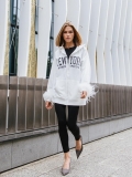 Women's Oversized Cotton Blend Feather Cuff Zip Up Hoodie American Street Style New York Letter Print Sweatshirt Loose Long Sleeve Hooded Jacket