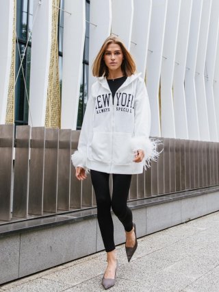 Women's Oversized Cotton Blend Feather Cuff Zip Up Hoodie American Street Style New York Letter Print Sweatshirt Loose Long Sleeve Hooded Jacket
