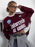 Women's Vintage Letter Print Round Neck Sweatshirt Cotton Blend Long Sleeve Pullover Loose Fit Streetwear Autumn Casual Wine Red Top