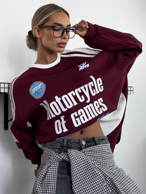 Women's Vintage Letter Print Round Neck Sweatshirt Cotton Blend Long Sleeve Pullover Loose Fit Streetwear Autumn Casual Wine Red Top