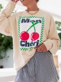 Women's Oversized Cotton Sweatshirt With Vintage Cherry Print Mon Chéri Graphic Round Neck Long Sleeve Drop Shoulder Streetwear Pullover Top Apricot