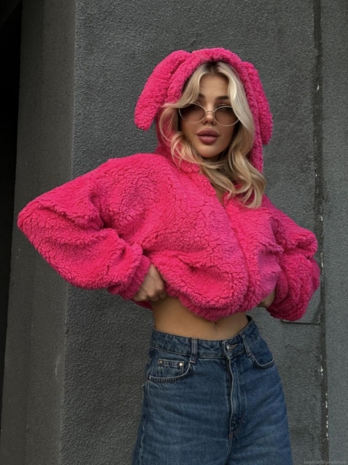 Women Rose Pink Rabbit Ear Hooded Sweatshirt Zip Up Sherpa Fleece Cropped Hoodie Solid Color Long Sleeve Plush Jacket For Streetwear Autumn Winter