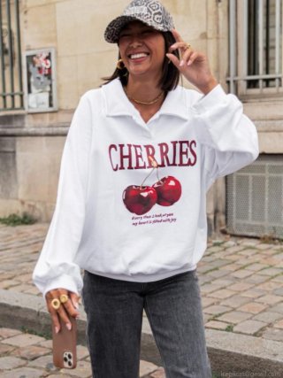 Women's Oversized Sweatshirt Cotton Polyester Blend Red Cherry Print Lapel Polo Neck Long Sleeve Pullover Casual Streetwear Fall Winter Top
