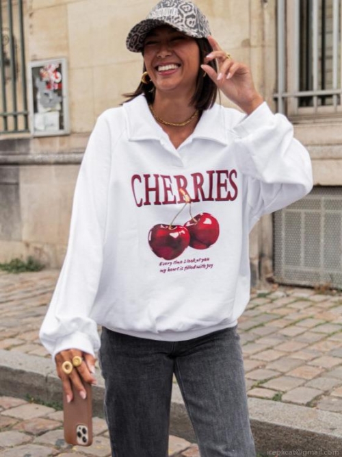 Women's Oversized Sweatshirt Cotton Polyester Blend Red Cherry Print Lapel Polo Neck Long Sleeve Pullover Casual Streetwear Fall Winter Top