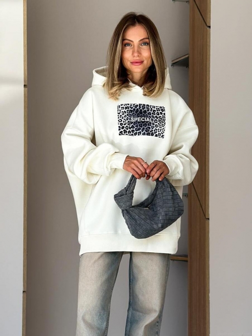 Women's Oversized Leopard Print Patchwork Hoodie Cotton Blend Long Sleeve Letter Printed Pullover Sweatshirt Streetwear Casual Loose Top