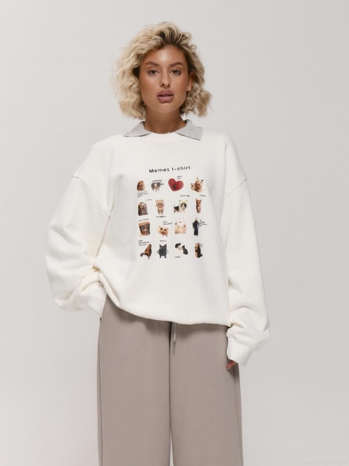 Women's Oversized Graphic Sweatshirt Funny Cat Memes Print Round Neck Drop Shoulder Long Sleeve Cotton Blend Pullover Casual White Jumper Streetwear