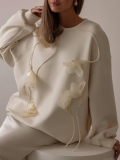 Women's Oversized Cotton Blend Sweatshirt With 3D Floral Applique Round Neck Long Sleeve Pullover Casual Streetwear Autumn Winter Fashion Top