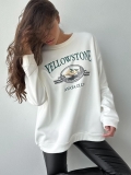 Women's Retro American Streetwear Oversized Pullover Sweatshirt Cotton Blend Round Neck Long Sleeve Top With Mountain Graphic Print