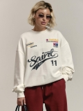 Women's Oversized American Streetwear Sweatshirt Cotton Blend Letter Printed Round Neck Long Sleeve Retro Casual Pullover Top