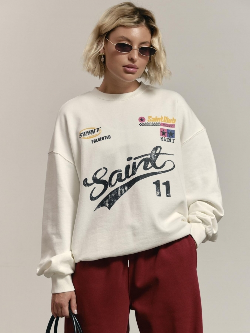 Women's Oversized American Streetwear Sweatshirt Cotton Blend Letter Printed Round Neck Long Sleeve Retro Casual Pullover Top