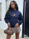 Women Hooded Sweatshirt Cotton Polyester Blend Bear Embroidery Letter Print Dropped Shoulder Pullover American Retro Preppy Style Streetwear Hoodie Top