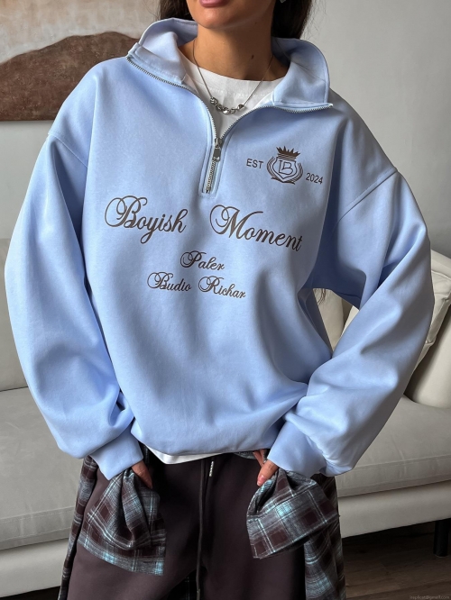 Women Quarter Zip Sweatshirt American Vintage Boyish Moment Letter Print Oversized Stand Collar Pullover Casual Long Sleeve Streetwear Cotton Blend Top Jumper