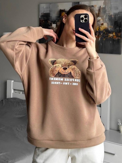 Women's Casual Bear Print Round Neck Pullover Sweatshirt Long Sleeve Oversized Cotton Blend Jumper Streetwear Jumper Top