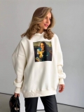 Women's Oversized Hoodie Funny Mona Lisa Graphic Print Long Sleeve Hooded Sweatshirt Cotton Blend Streetwear Cream White Casual Pullover Top