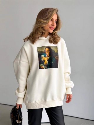 Women's Oversized Hoodie Funny Mona Lisa Graphic Print Long Sleeve Hooded Sweatshirt Cotton Blend Streetwear Cream White Casual Pullover Top