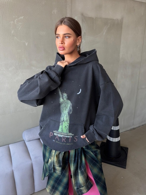 Women Oversized Hoodie Cotton Blend American Streetwear Vintage Washed Charcoal Gray Hoodie Paris Statue Of Liberty Print Distressed Edges Pullover Sweatshirt