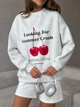 Women's Casual Cotton Blend Oversized Sweatshirt Red Cherry Graphic Letter Print Round Neck Long Sleeve Pullover Tops Streetwear Fashion