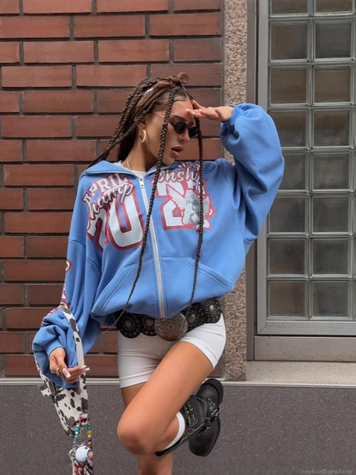 Women's American Vintage Streetwear Hoodie Zip Up Oversized Cotton Blend Letter Angel Print Long Sleeve Sky Blue Sweatshirt For Autumn Winter Street Chic